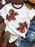 White Maroon Embroidered Hibiscus Ringer Tee