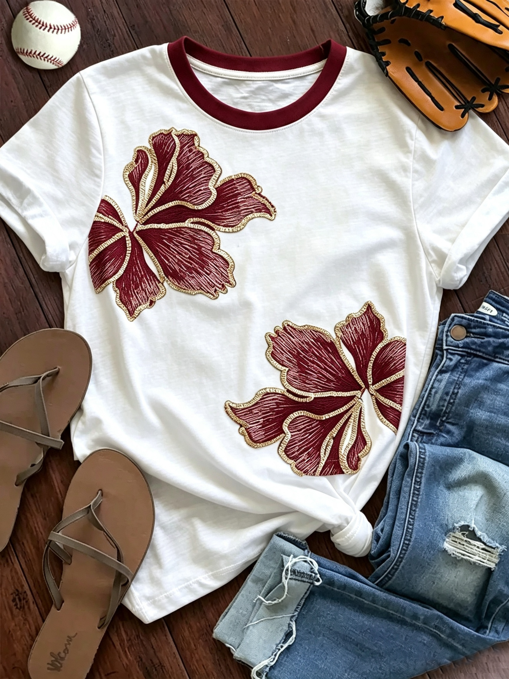 White Maroon Embroidered Hibiscus Ringer Tee