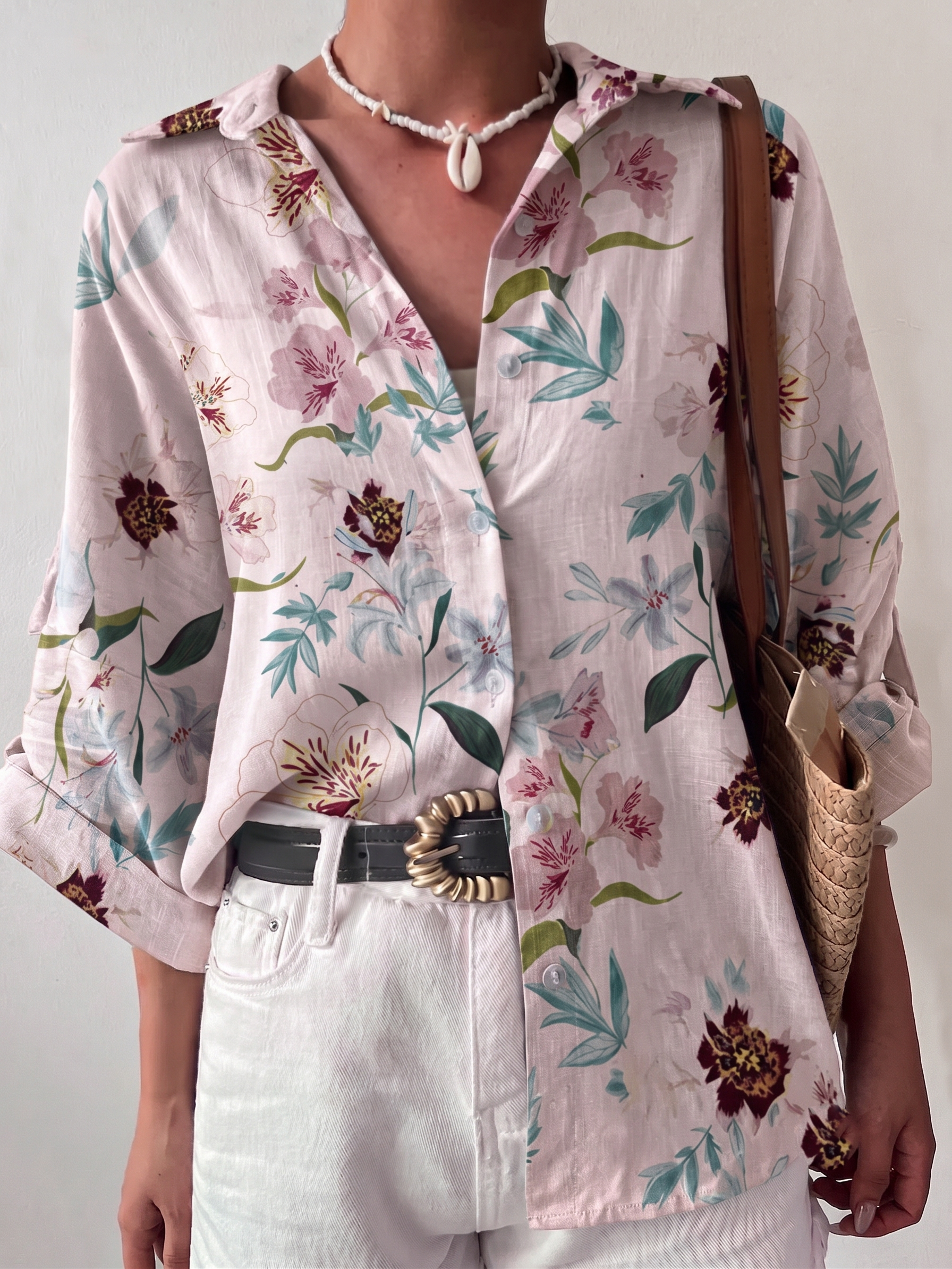 LightPink Multicolor Floral Print Lapel Collar Roll Sleeve Blouse