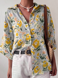 LightGray Yellow Watercolor Floral Lapel Roll Sleeve Blouse