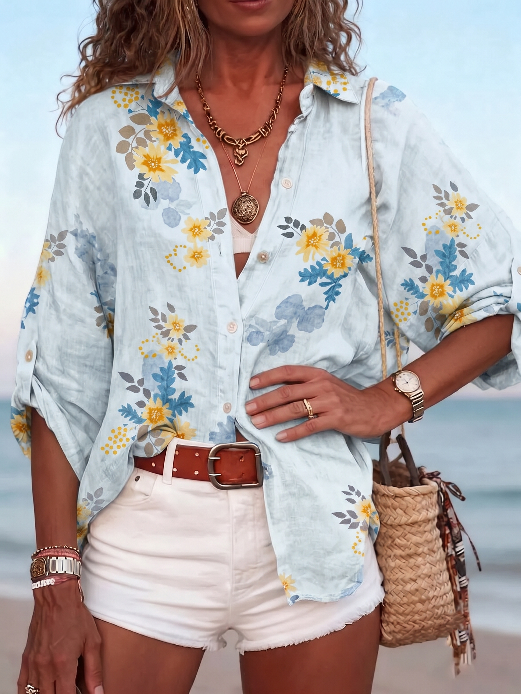 LightBlue Yellow Blue Floral Print Lapel Roll Sleeve Beach Blouse