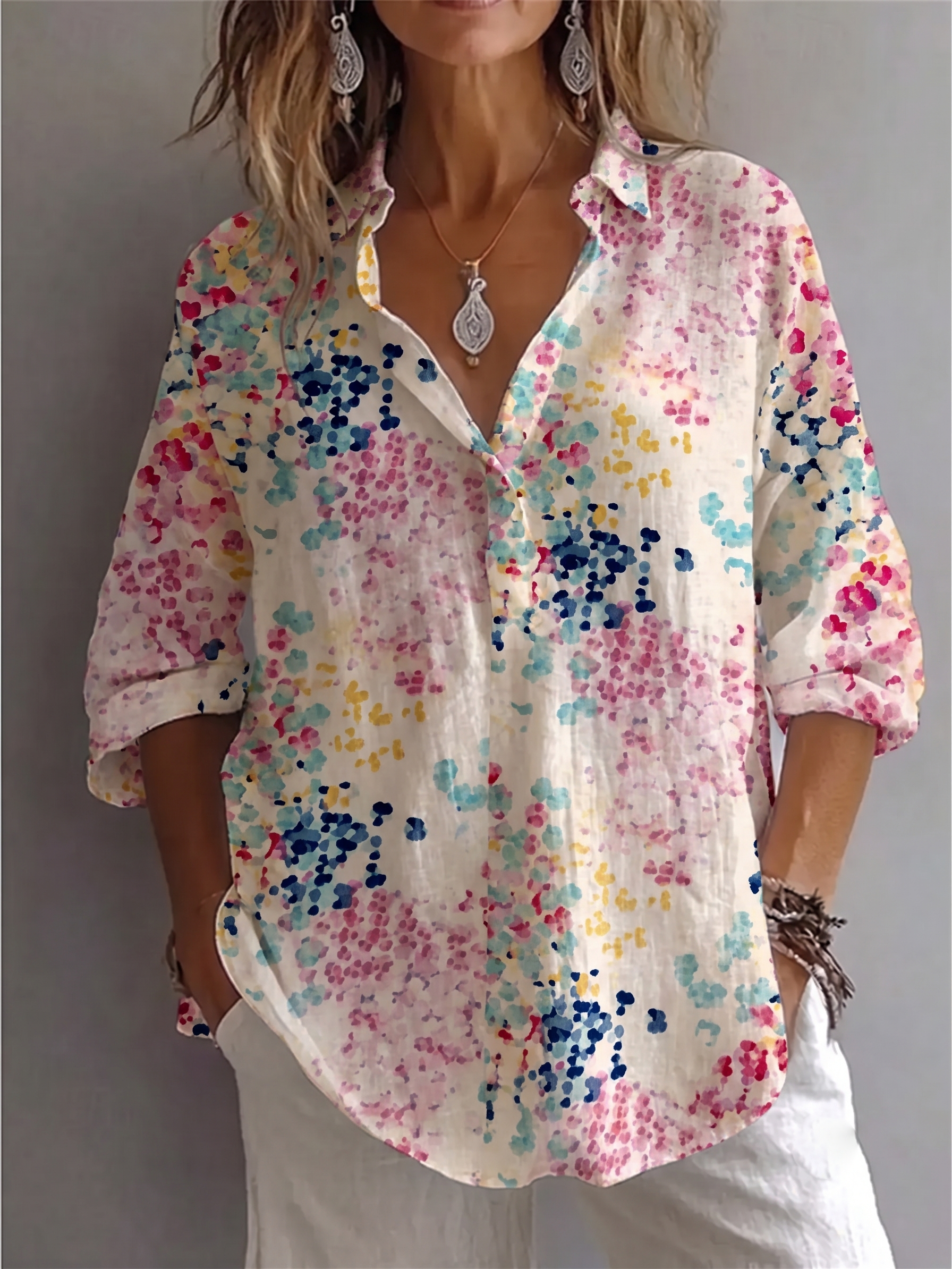 OffWhite Multicolor Watercolor Dot Print Lapel Roll Sleeve Shirt