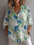 OffWhite Green Blue Watercolor Leaf Print Lapel Roll Sleeve Shirt