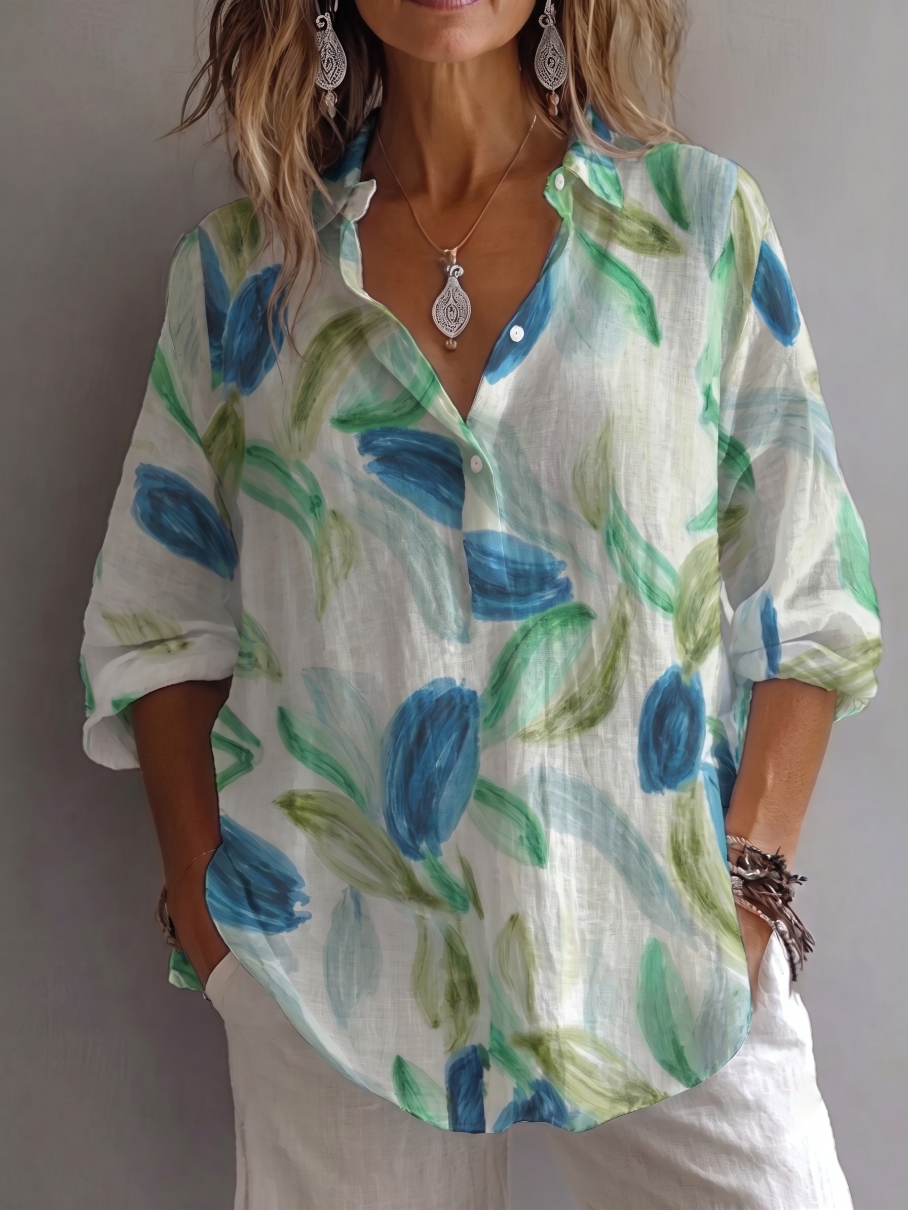 OffWhite Green Blue Watercolor Leaf Print Lapel Roll Sleeve Shirt