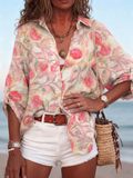 OffWhite Pink Daisy Floral Print Lapel Roll Sleeve Resort Shirt