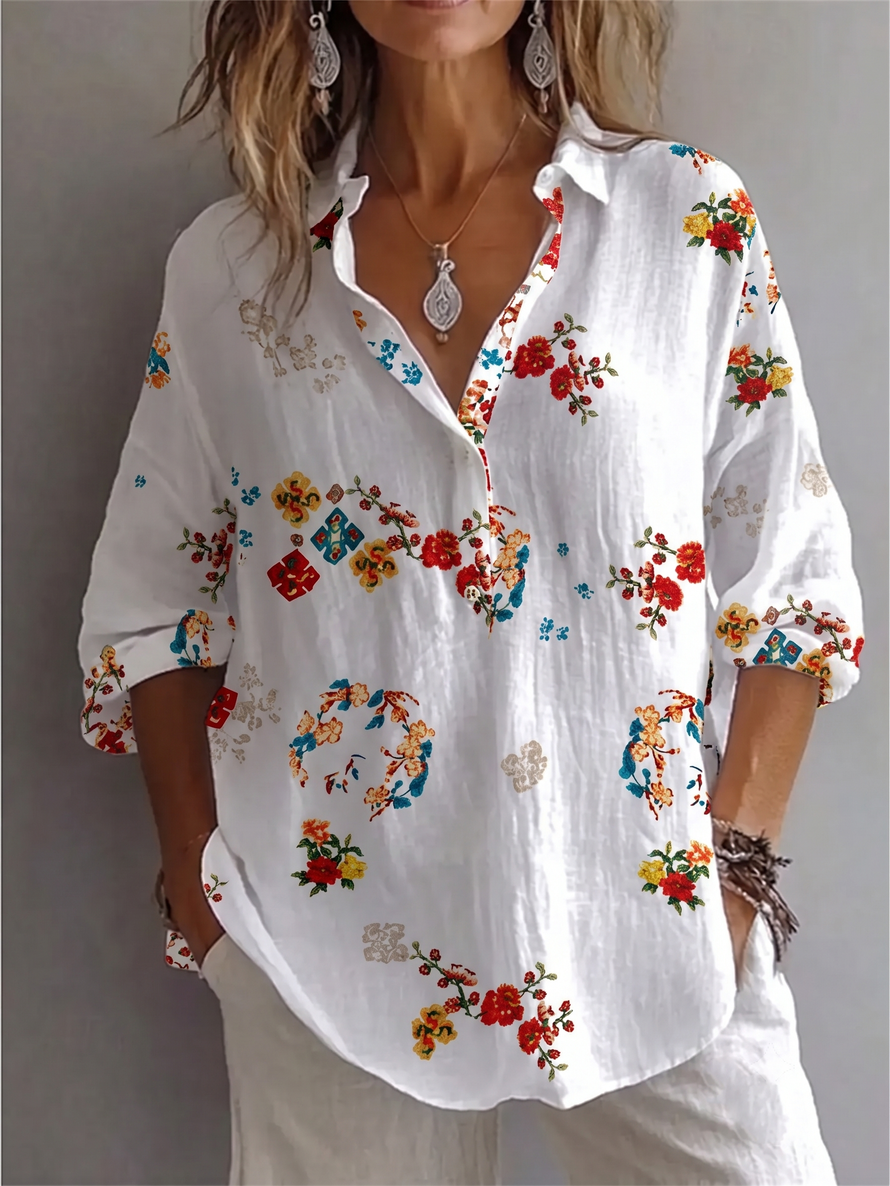 OffWhite Red Small Floral Branch Print Lapel Roll Sleeve Shirt