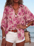 LightPink Rose Floral Print Lapel Roll Sleeve Beach Shirt