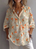 LightBeige Orange Magnolia Floral Print Lapel Roll Sleeve Shirt