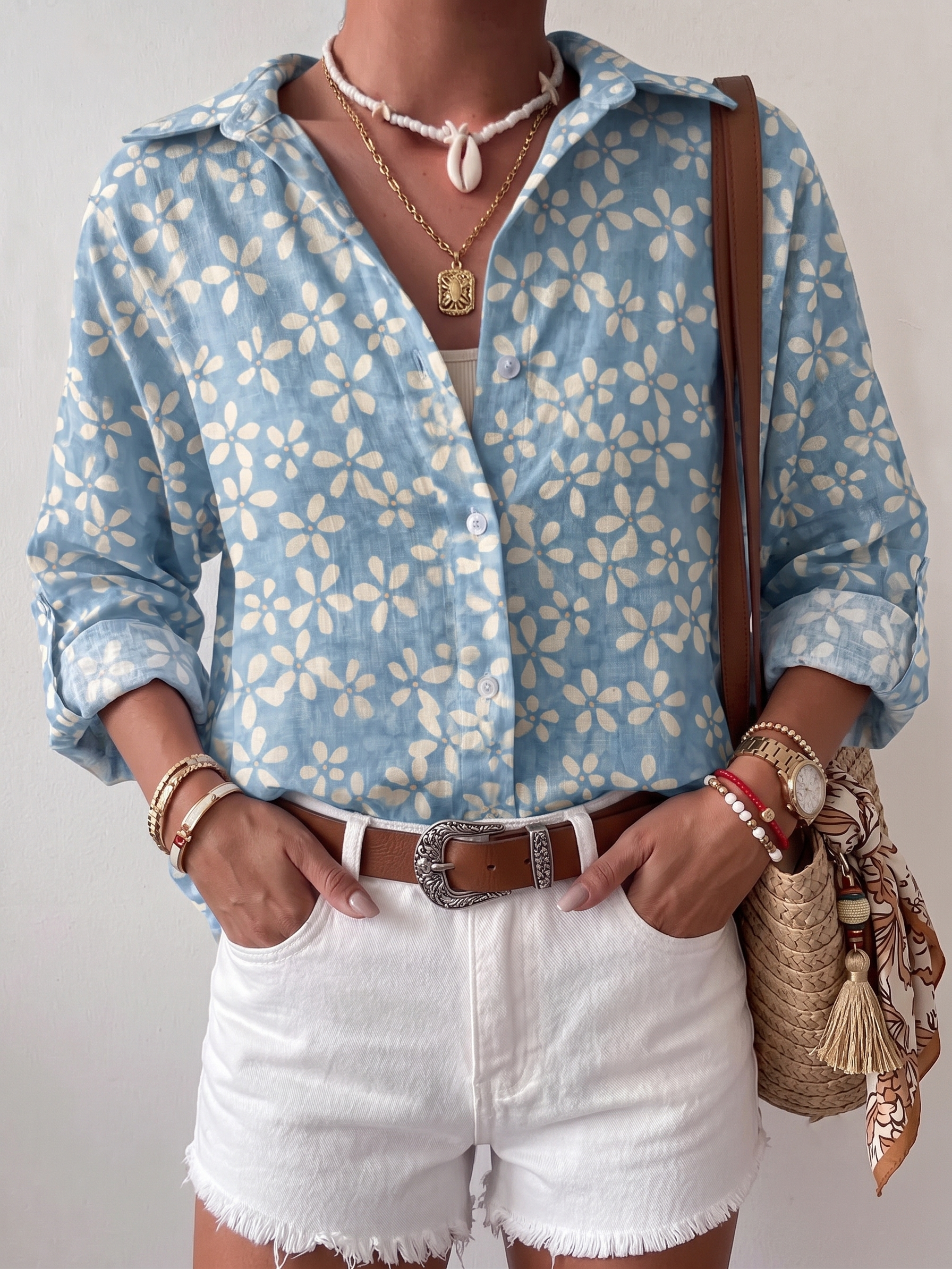 LightBlue White Tiny Daisy Floral Print Lapel Roll Sleeve Shirt