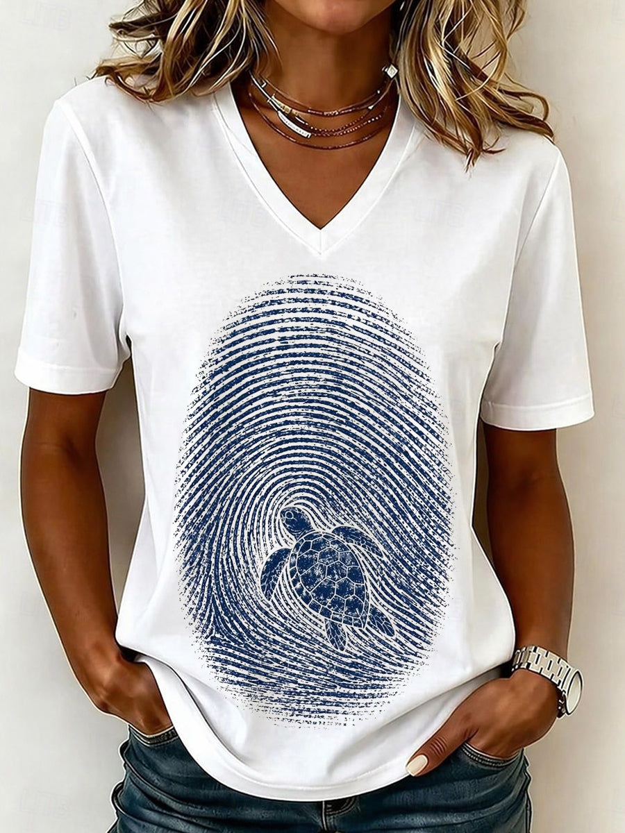 Fingerprint Sea Turtle Graphic V-Neck T-Shirt