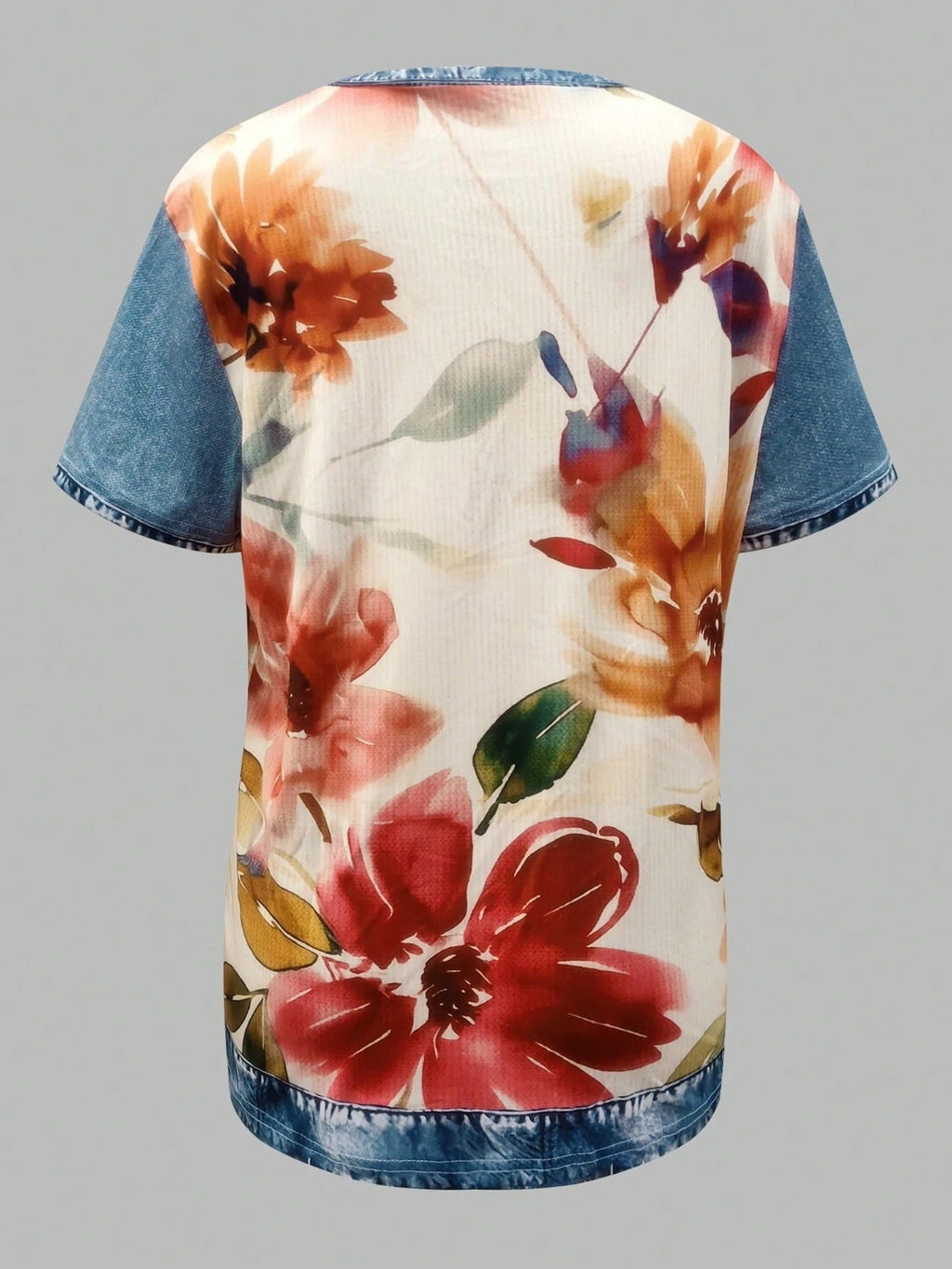 Denim Trim Watercolor Floral Short Sleeve Top